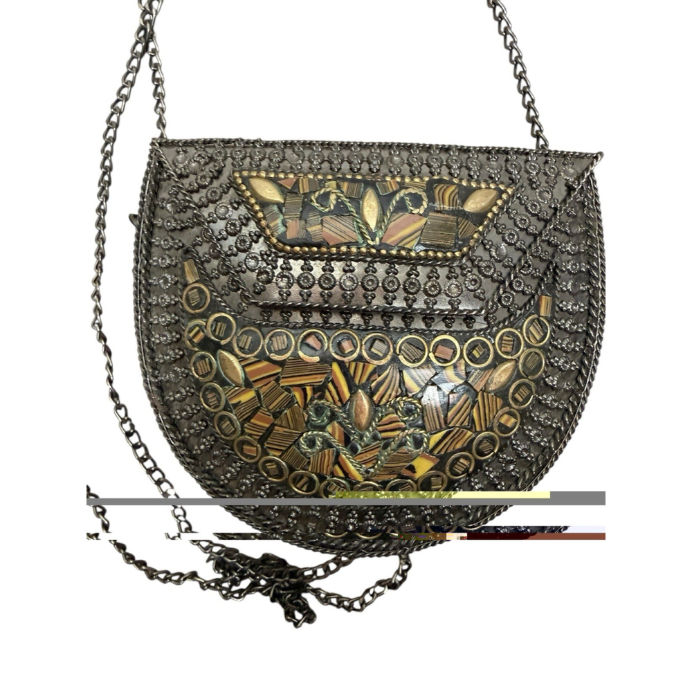 Swarnkraft Metal Brass And Mosaic Insert Bag With Long Chain And Lined Inside - Picture 2 of 7